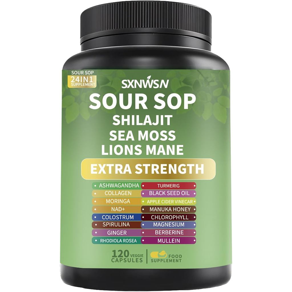 Soursop พร้อม Ashwagandha Sea Moss s Mane Turmeric Shilajit - Graviola Complex Capsules สําหรับสารต้