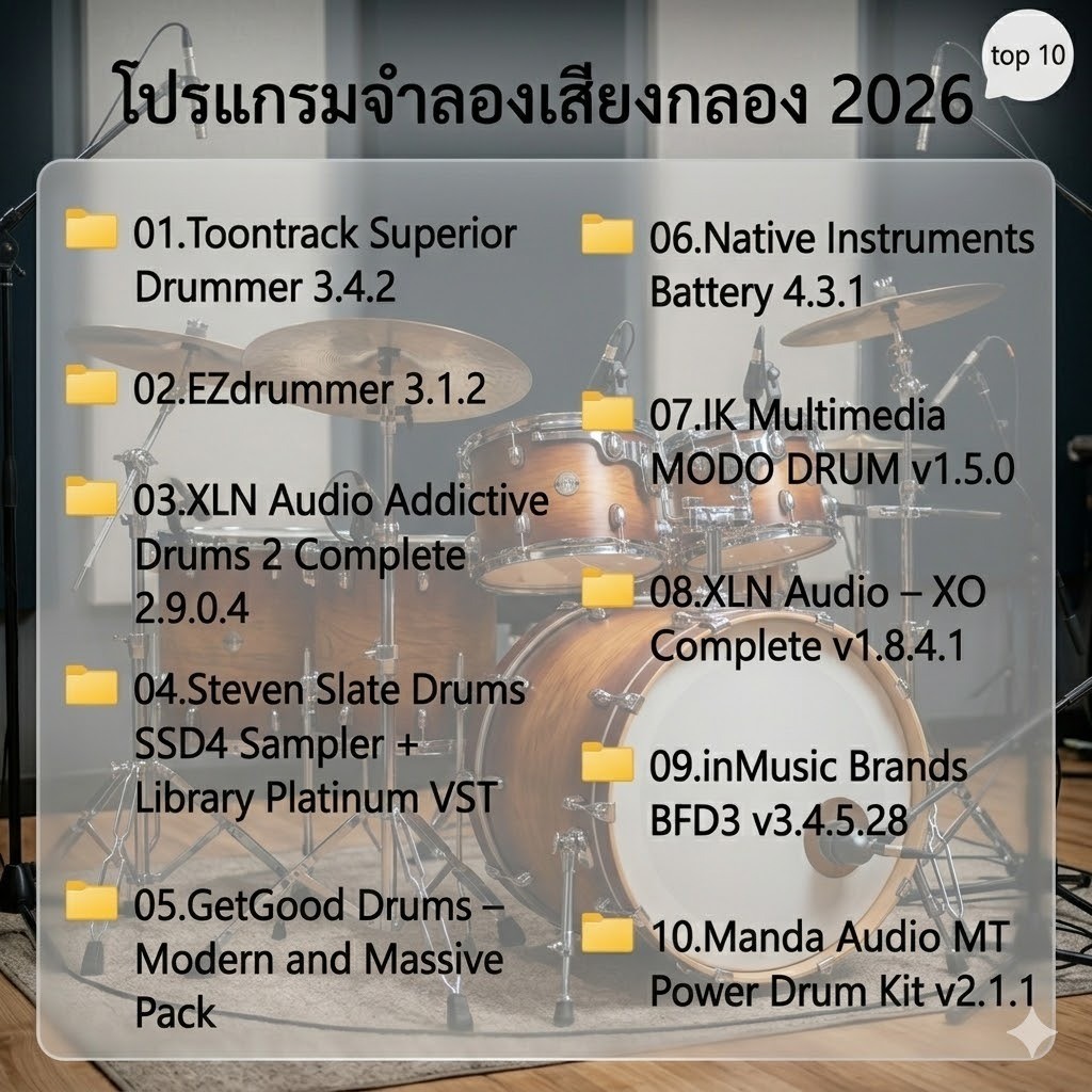 โปรแกรมจำลองเสียงกลอง 2026 (10 VST Drum Plugins ระดับโลก) สำหรับทำเพลง(Boxed Version)(รองรับWindows)