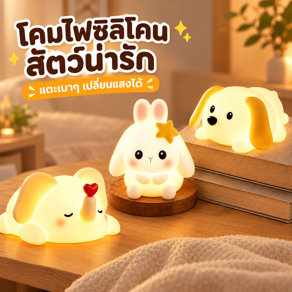โคมไฟกลางคืนซิลิโคนนุ่ม รูปสัตว์น่ารัก ไฟหัวเตียง ไฟสร้างบรรยากาศ ระบบสัมผัส ชาร์จ USB ของขวัญ
