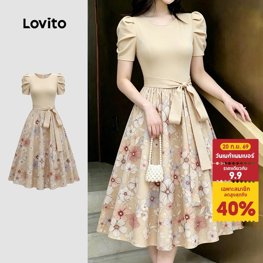 Lovito เดรสลําลองลายจุดสีตัดสําหรับฤดูร้อนและฤดูใบไม้ผลิของผู้หญิง LK6ED064