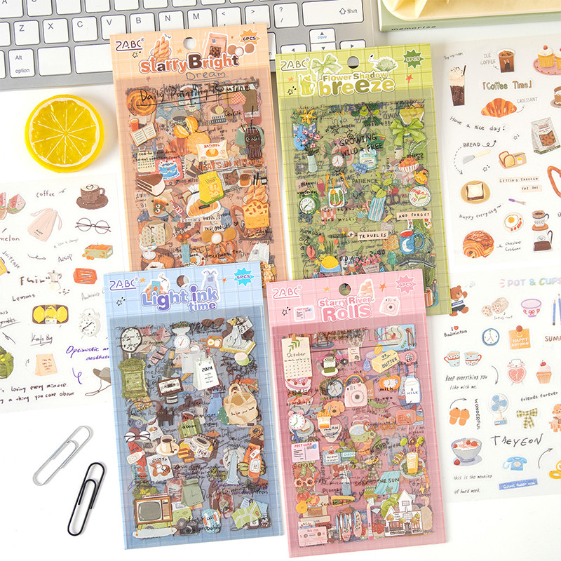 6 แผ่นน่ารักการ์ตูนอาหารและวัตถุในชีวิตประจําวัน Series สติกเกอร์ PET Diary Deco DIY สติกเกอร์