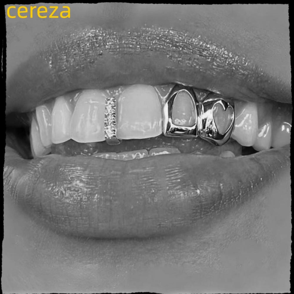 CEREZA Grillz สไตล์ Hip Hop พังค์ สีทอง ดีไซน์หัวใจสองชั้นพร้อมเพชร Zircon แวววาว