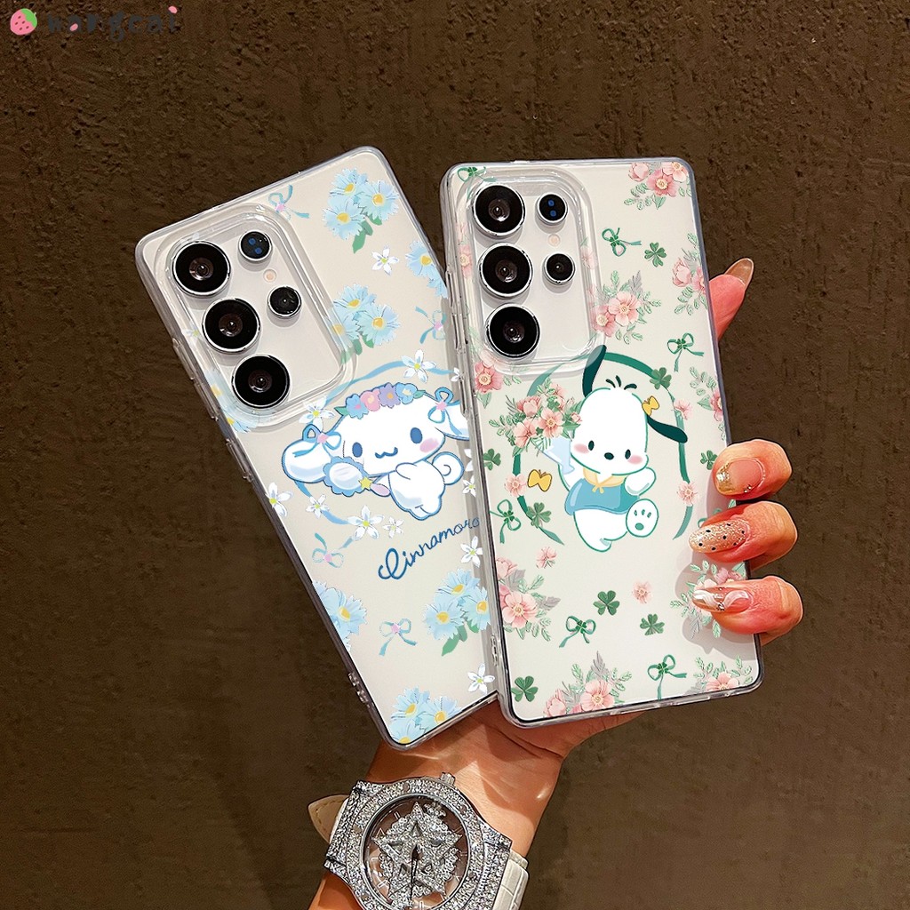 สําหรับ Samsung Galaxy S25 S24 S23 S22 S21 S20 S10 Plus หมายเหตุ 20 Ultra FE 9 S25 + S24 + S23 + เคสโทรศัพท์น่ารัก Cinnamoroll Pochacco สุนัขลูกสุนัขดอกไม้โบว์การ์ตูนปลอกกรณีปกหลัง