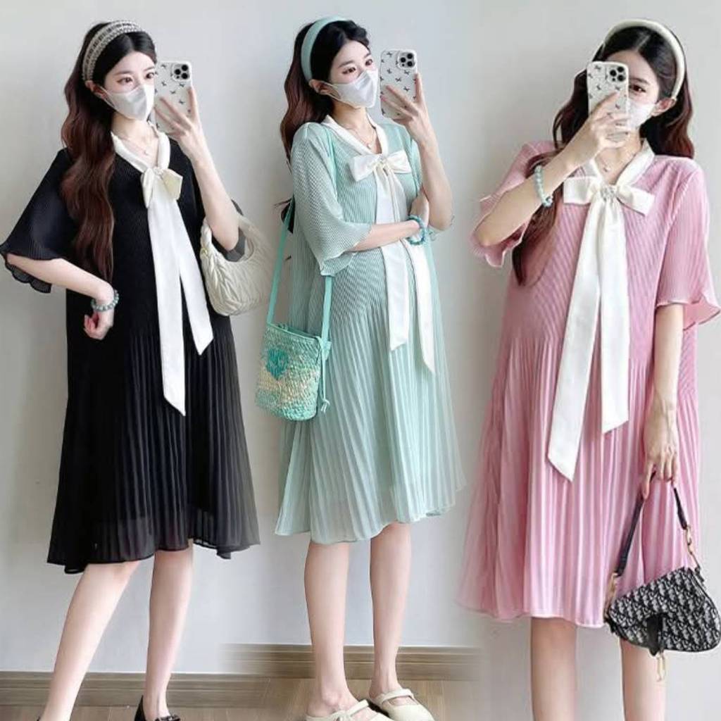 AA4633 ( งานแฟชั่น )  ผ้าชีฟองอัดพรีทรอบชุด  โบว์เย็บติด