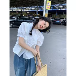 Red Berryเสื้อเชิ้ตแขนพองสีขาวสำหรับผู้หญิงในช่วงฤดูร้อน ทรงโปโลหวานสไตล์ฝรั่งเศส เสื้อเชิ้ตแขนสั้นทรงเบบี้ดอลล์ 99222