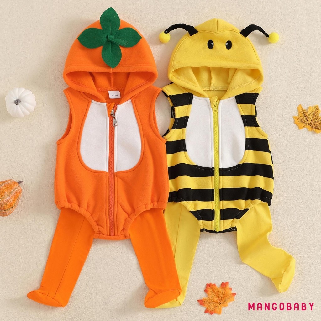 MG-Baby Bee ชุดฮู้ดน์Romper แขนกุด ถุงเท้ายาว สไตล์Bumble Bee สำหรับทารกแรกเกิด