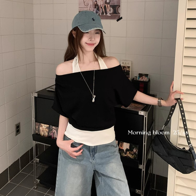 Retro สไตล์อเมริกันการจับคู่สี Halter คอปลอมสองชิ้นแขนสั้นเสื้อยืดผู้หญิงฤดูร้อนสบายๆหลวม All-Match Off-the-Shoulder Top