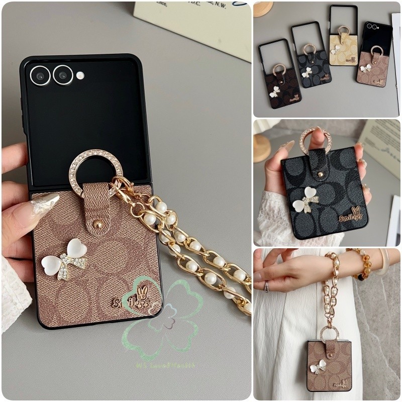 Retro Bowknot แหวนหนังเคสโทรศัพท์สําหรับ Samsung Galaxy Z Flip 7 Z Flip 6 Z Flip 5 Z Flip 4 /3 ปลอกพร้อมสายรัดข้อมือ Hard PC ฝาครอบ – โปรปัง