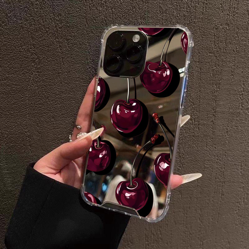 น่ารักรูปแบบเชอร์รี่เคสโทรศัพท์สําหรับiPhone 16 17 Pro Max 15 14 13 12 11 Pro XS X XR 7 8 Plus Make Upกระจกกันกระแทกปกอ่อน