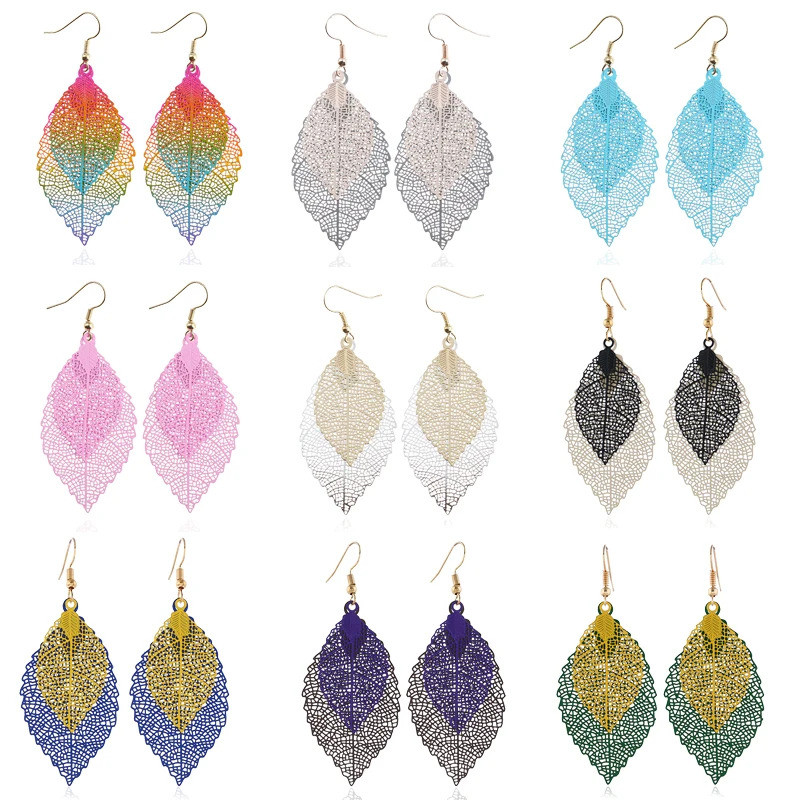 Colorful Leaf Drop Dangle Earrings for women Boho Long Vintage Hollow Earings Fashion Jewelry Pendie