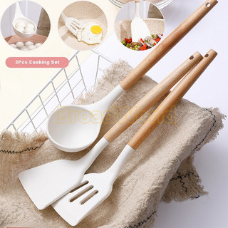 Spatula Silikon Pegangan Kayu 3pcs Set Alat Masak - Anti Lengket untuk Wajan Non-Stick, Mudah Dibersihkan dan Praktis