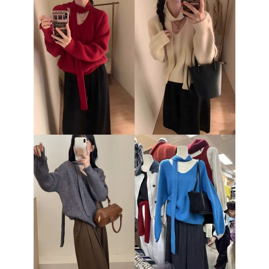 ออกแบบ Halter คอริบบิ้นเสื้อกันหนาว High-End Niche แขนยาวเสื้อกันหนาวขนสัตว์หลวม (099H2) IBG1