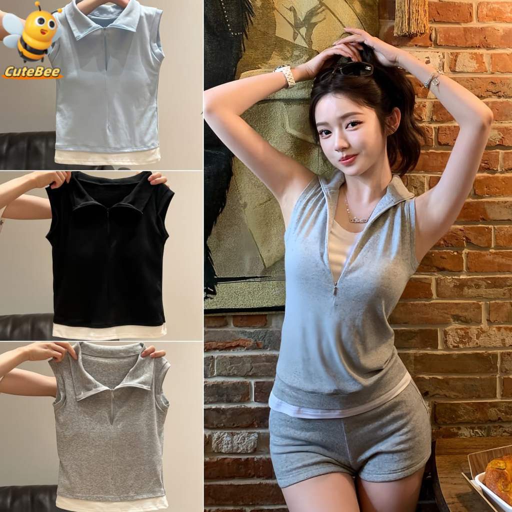 🐝CuteBee🐝24/10 เสื้อกล้าม คอปก สีพาสเทลน่ารัก เสริมฟองน้ำใจตัว ทรงครอปสั้น สไตล์เกาหลีเรียบง่าย สีดำ