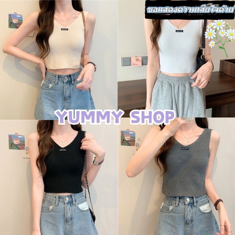 🎀Yummy Shop🎀พร้อมส่ง【9397】เสื้อหล้ามไหมพรมคอวี สไตล์​เกาหลี