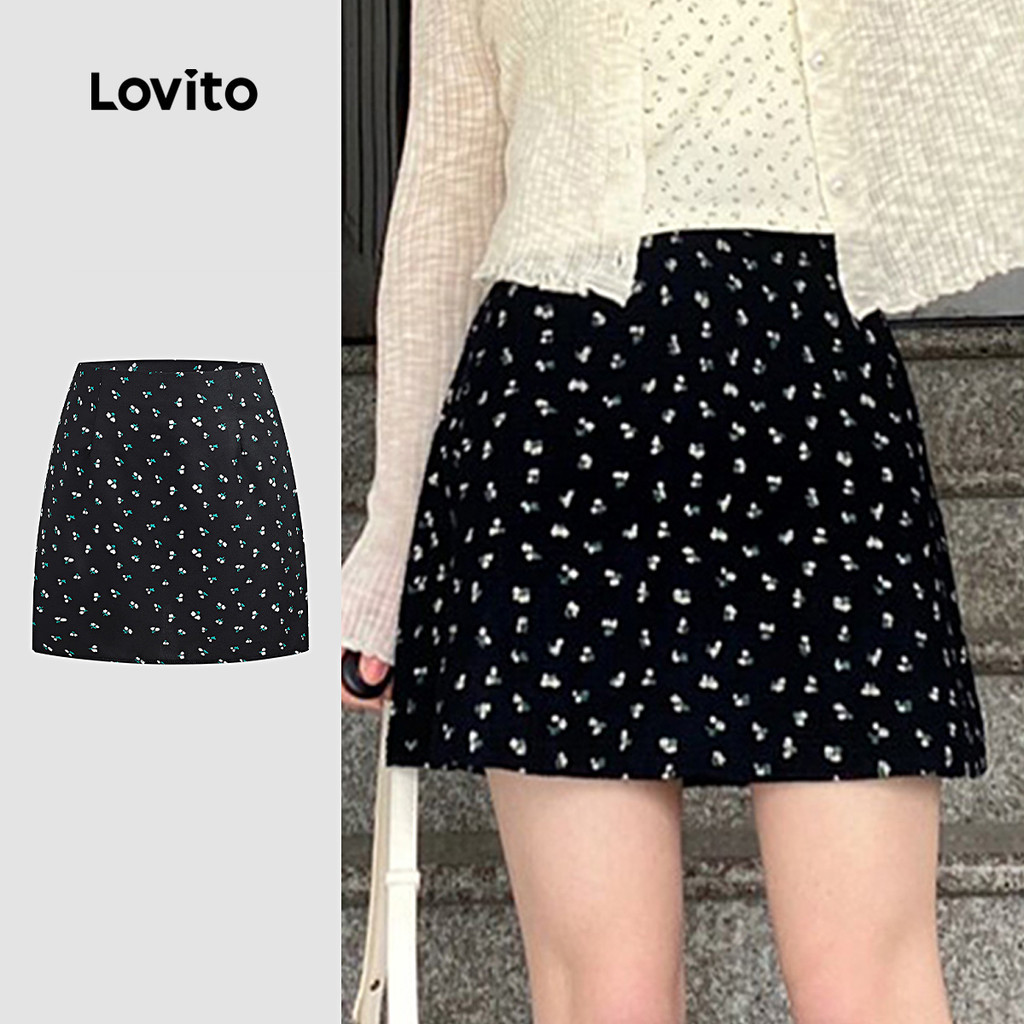 Lovito กระโปรงลำลอง ดอกไม้ พักผ่อน เดินทาง ฤดูใบไม้ผลิ/ฤดูร้อน กระโปรงสีดำ สำหรับผู้หญิง L156AD236