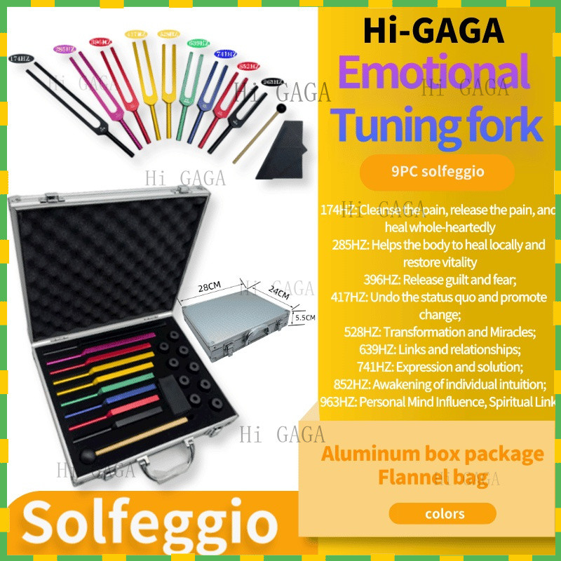 9 ชุดส้อมปรับแต่งสีสันสดใส solfeggio Emotional Tuning Fork Set 174HZ528HZ963HZ Healing Tuning Fork ก