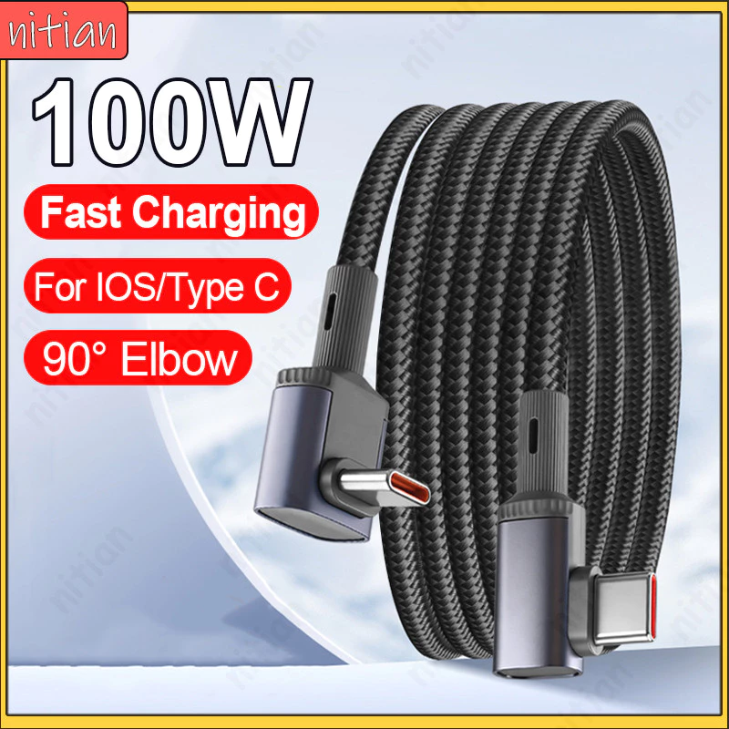 ประเภท C ถึง Type C 90 องศา Dual Elbow Fast สายชาร์จ 100W Flash Charge ถักสายเคเบิลข้อมูล Gaming สายชาร์จโทรศัพท์คู่ Type C ข้อมูล Transfer สายชาร์จสําหรับ IOS/Type C