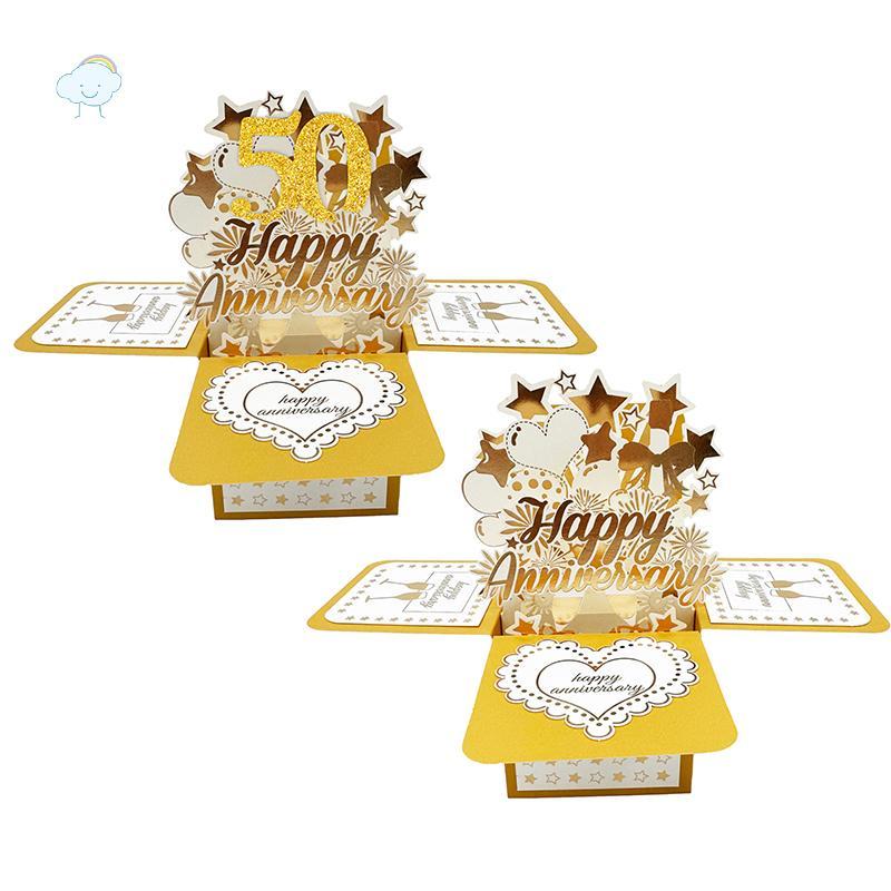 TWOE การ์ดครบรอบ 50 ปี, 3D Gold Happy Anniversary Pop Up Card พร้อมซองจดหมายสําหรับสามีภรรยาคู่ผู้ปก