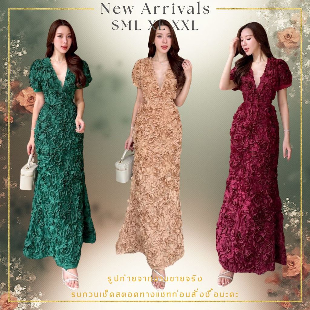 ❥S-XXL เดรสออกงานผ้ากุหลาบ3D แบบใหม่ งานป้าย ABIGAIL เดรสแดง เดรสสีทอง เดรสสีเขียว ชุดราตรียาว