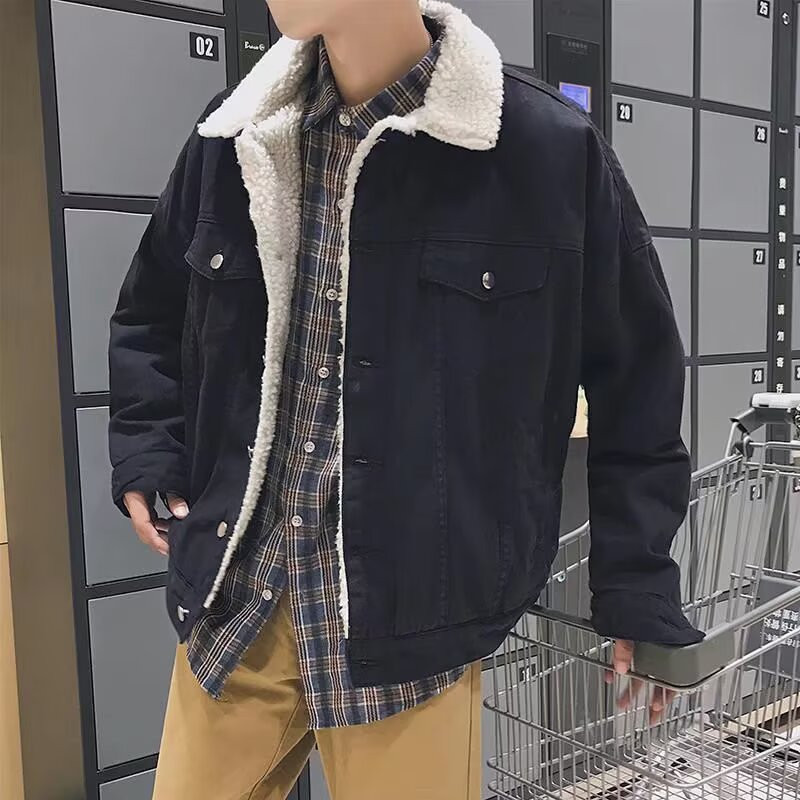 เสื้อแจ็คเก็ตยีนส์แบบอเมริกา มีปกเหมือนขนแกะ สไตล์ใหม่