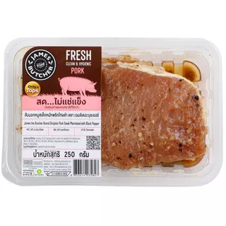เจมส์เดอะบุชเชอร์สันนอกหมูสเต็กหมักพริกไทยดำ 250กรัม JTBStriploinPorkSteakMarin250g [หมายเลขบาร์โค้ด 8853474035847 ]