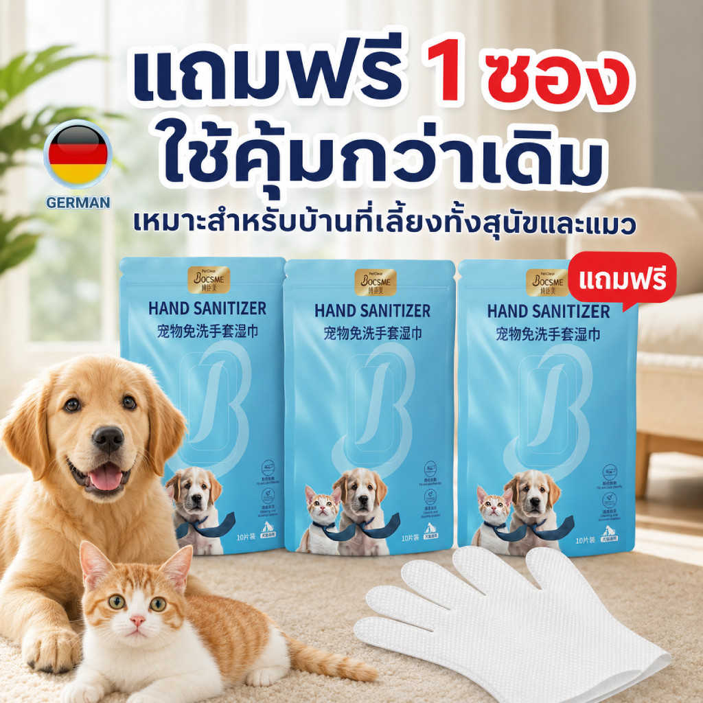 ถุงมือเปียกสัตว์เลี้ยง 10 แผ่น เช็ดตัว เช็ดเท้า เช็ดก้น ใช้ง่าย พกสะดวก
