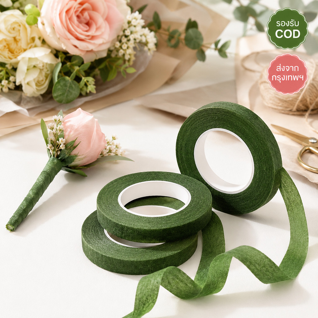 เทปพันก้านดอกไม้ สีเขียว เทปฟลอร่า เทปพันก้าน DIY จัดช่อดอกไม้ งานคราฟต์ 1 ม้วน พร้อมส่ง COD