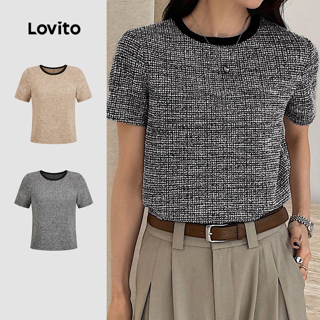 Lovito สง่างาม เสื้อบุขนานาวันธรรมดา สีบล็อก ขอบคาร์ทแรคท์ แบบเรียบง่าย ฤดูใบไม้ผลิ/ฤดูร้อน สีดำ L138ED010