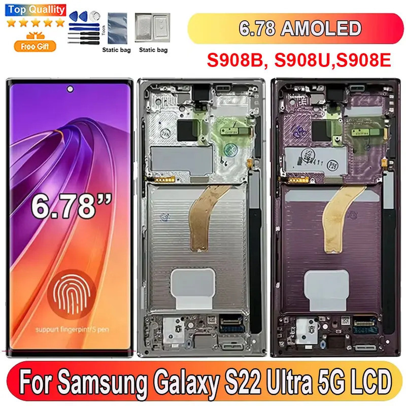 6.78 "AMOLED สําหรับ Samsung Galaxy S22 Ultra 5G จอแสดงผล LCD หน้าจอสัมผัสแผง Digitizer อะไหล่สนับสน