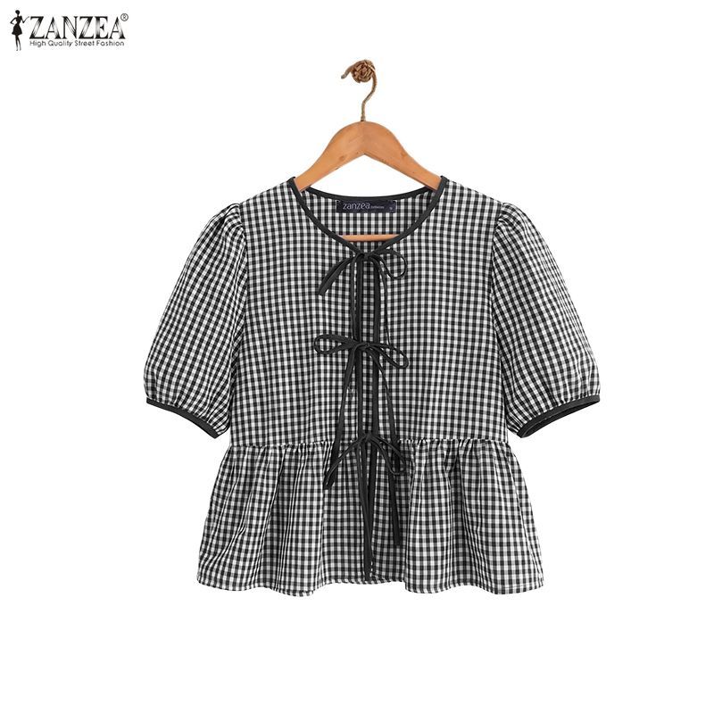 ZANZEA ผู้หญิงเกาหลี Retro Girlish รอบคอพัฟแขน Tie Bows Ruffles Hem Checkered A-Line เสื้อเบลาส์