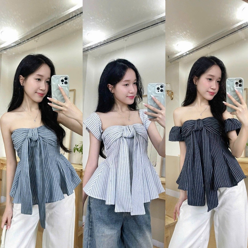 เสื้อลายทาง IVORY TOP แขนยางยืดและกระดุมถอดได้ - alisa 95 Fashion zongo