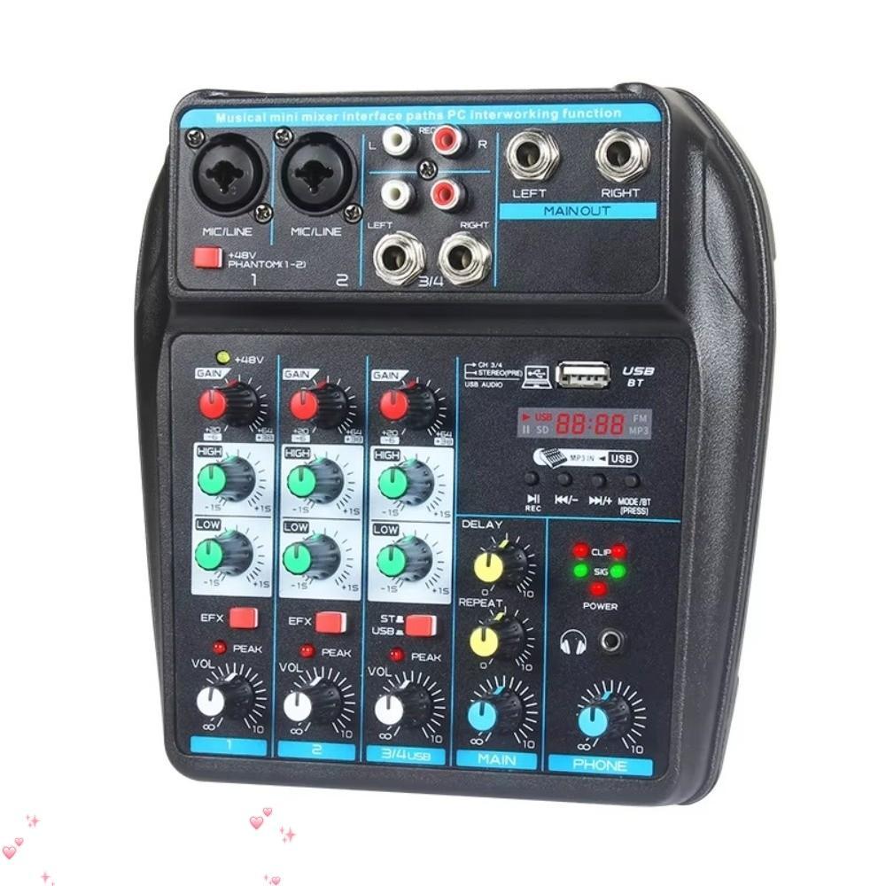 AULORAMT DJ Console Mixer, 48V Phantom Power Bluetooth Audio Mixer, 4 Channel Monitor Karaoke System