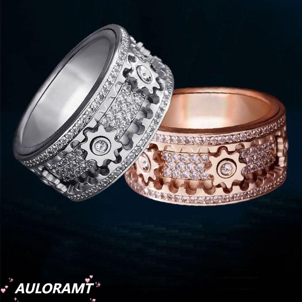 AULORAMT Gear Spinner Rings Handmade Diamond Orate Mechanical Band Ring