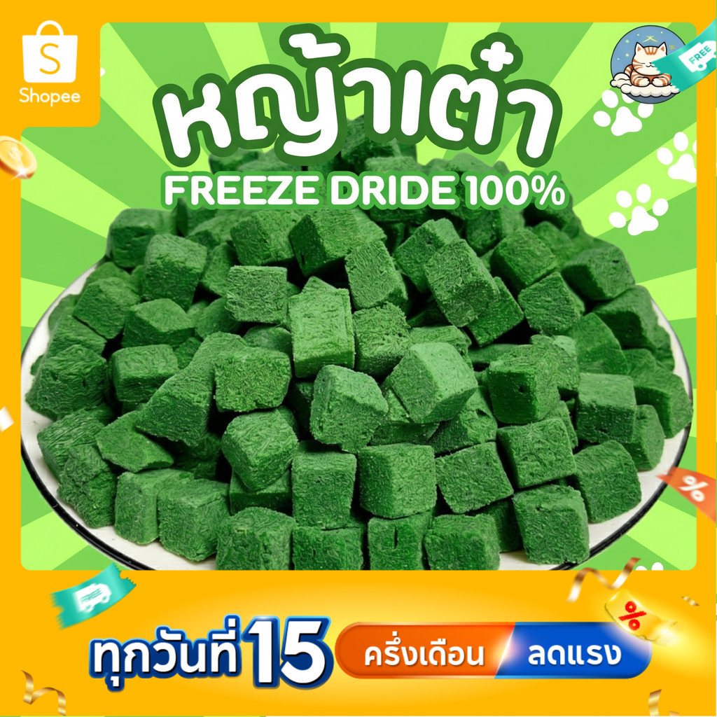 หญ้าแมวฟรีซดรายหั่นเต๋า ผสมอกไก่ไข่แดง ขนมแมวออร์แกนิก ของทานเล่นเสริมสุขภาพ แมวชอบ อาหารแมวแท้