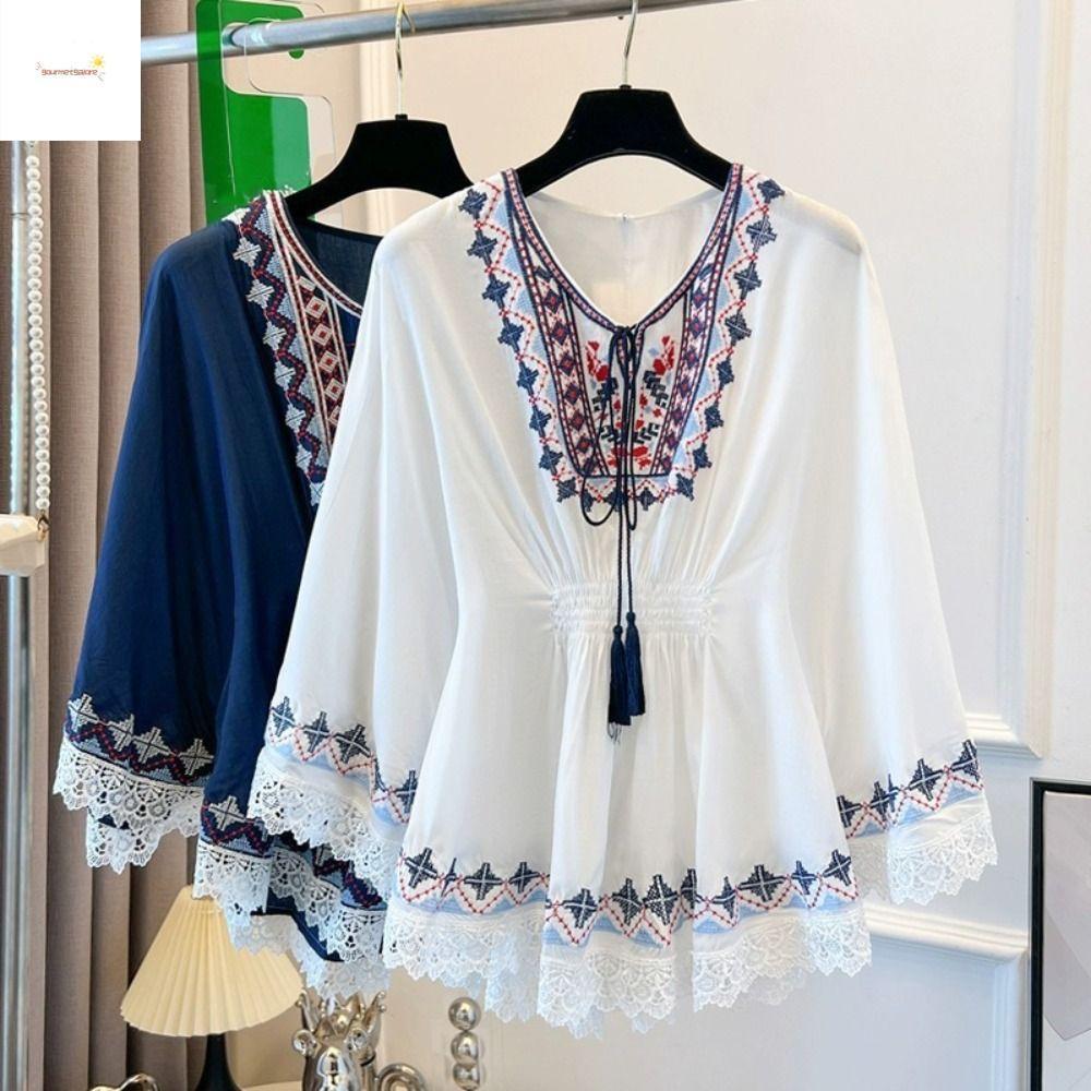 กูร์เมกาโลเร เสื้อยืดสไตล์โบฮีเมียน,ลูกไม้ขึ้นพู่หลวมแขนสั้นทีเสื้อ,เสื้อเรียบง่ายเย็บปักถักร้อยเอวสูงสไตล์ชาติพันธุ์ท็อปส์ผู้ห