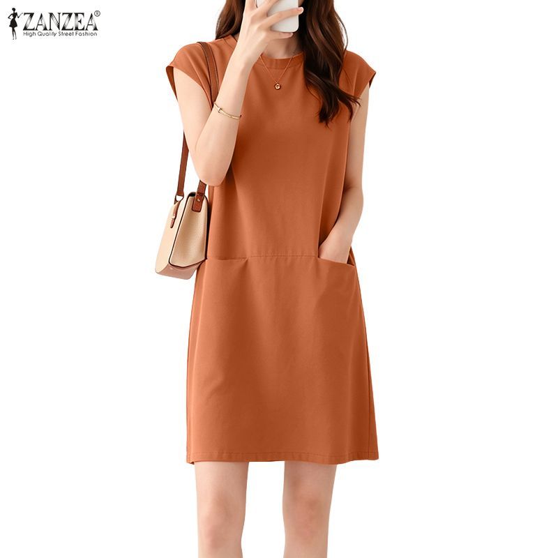 ZANZEA ชุดเดรสคอกลมแขนกุดลําลองสไตล์เกาหลีสําหรับผู้หญิงมีกระเป๋าเหนือเข่า A-Line — صورة 6