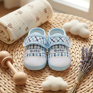 Babyonline(X082)2E2 (ส่งด่วน1วัน) รองเท้าผ้าใบแฟชั่นลายสก็อตสำหรับเด็กวัยหัดเดิน พื้นนิ่ม เบา มีกันลื่น ใส่สบาย