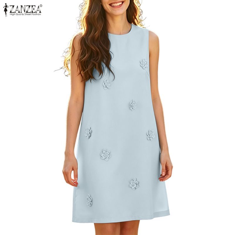 ZANZEA ผู้หญิงเกาหลี Elegant Lady คอกลมแขนกุด 3D ดอกไม้ตกแต่ง A-Line Sundress