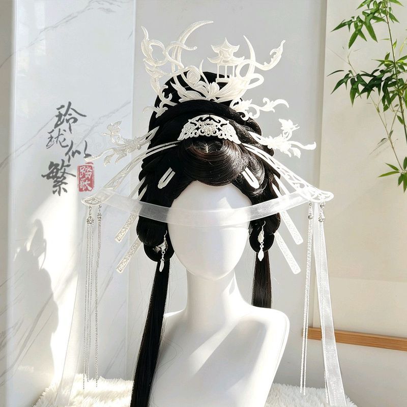 เทพธิดา Yue Gongtingtai Change Silver เครื่องประดับผมสีขาว Gorgeous Fairy สไตล์โบราณ Hanfu ชุดจับคู่