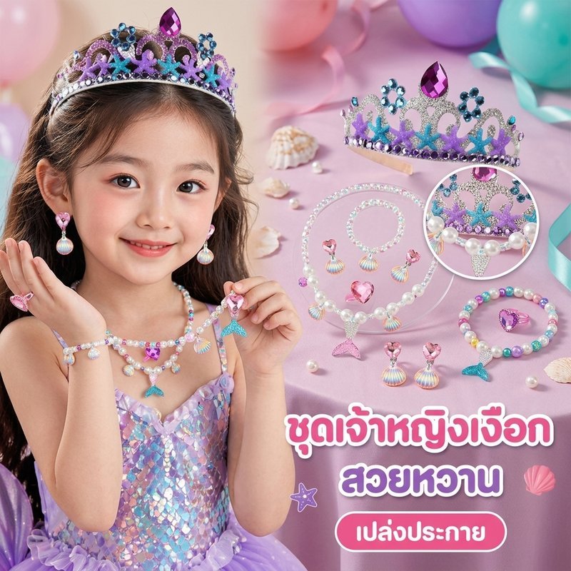 ชุดเครื่องประดับนางเงือกเด็ก สร้อยคอ ต่างหู แหวน กำไล มงกุฎ มุก เปลือกหอย พร็อพแฟนซี