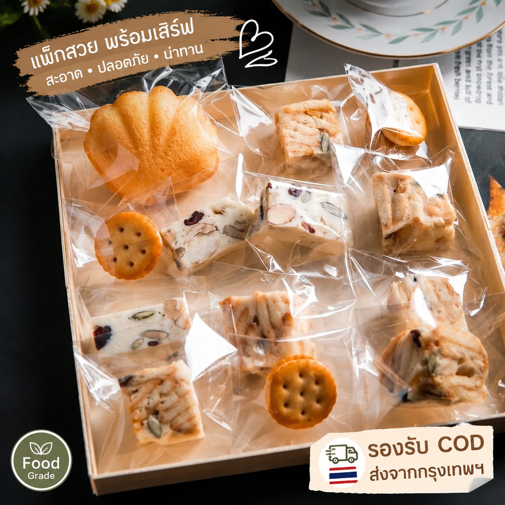 ถุงฝากาวใส 100 ใบ ถุงคุกกี้ ถุงเบเกอรี่ ถุงขนมปัง ถุงแพ็คขนม กาวในตัว ราคาส่ง พร้อมส่ง