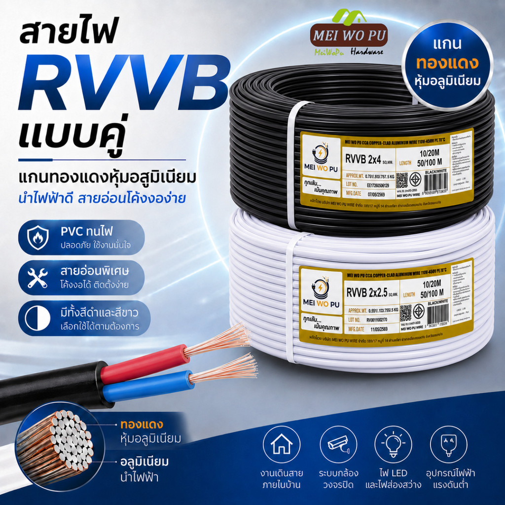 สายไฟ RVVB แบบคู่ แกนทองแดงหุ้มอลูมิเนียม สายอ่อนโค้งงอง่าย สำหรับกล้องวงจรปิด ไฟ LED และงานเดินสายภายในบ้าน