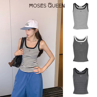MOSESQUEEN เสื้อคล้องคอปักลายแมทช์สีใหม่ที่ทันสมัยและลําลองอเนกประสงค์สําหรับทั้งเสื้อนอกและชุดด้านใน ไม่มีแขน ทรงสั้น #63783-2