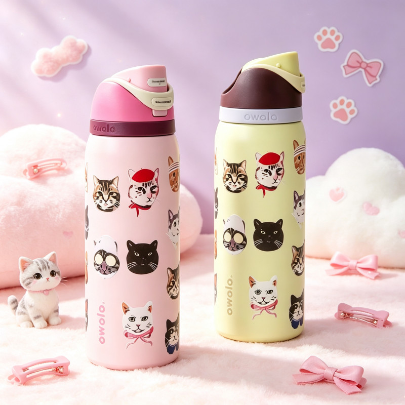 Owala FreeSip 24oz/32oz แก้วน้ําฉนวนกันรั่ว(แมวสีชมพู) – ขวดสูญญากาศ Double-Wall ไร้เหงื่อ สําหรับเล่นกีฬา สํานักงาน และใช้ในชีวิตประจําวัน