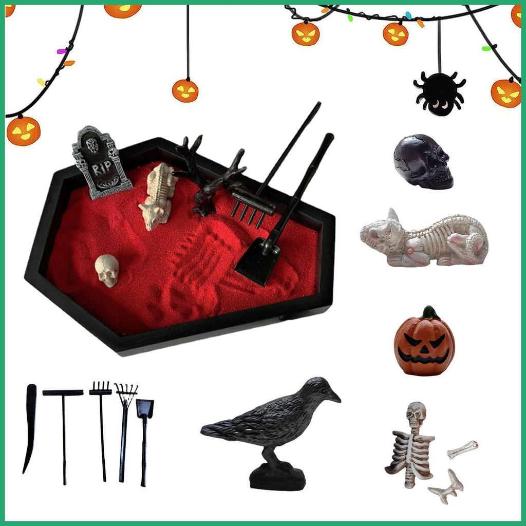 Zen Garden Coffin กับทรายแฟนตาซีฮาโลวีน Skull Tombstone Crow Gothic โต๊ะ Zen Garden สําหรับโต๊ะหน้าแ
