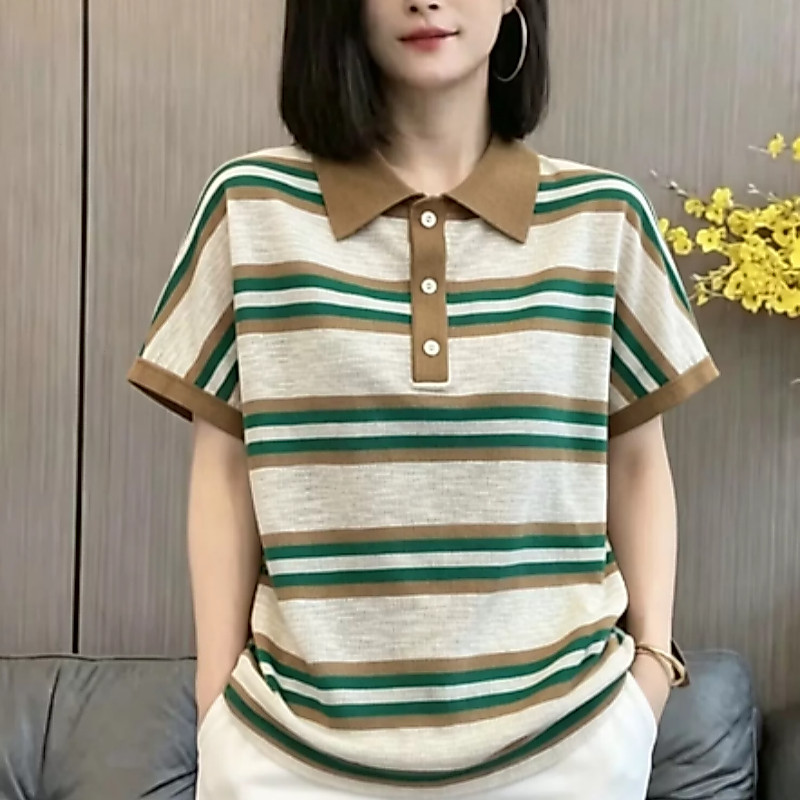 เสื้อโปโลแขนสั้นลายทางสำหรับผู้หญิง – เสื้อทรงหลวมรับซัมเมอร์ใหม่ปี 2026