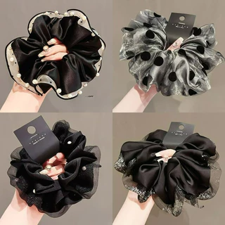 Vintage Black Series ขนาดใหญ่ซาติน Scrunchie ผม Tie หางม้าอุปกรณ์เสริมผม