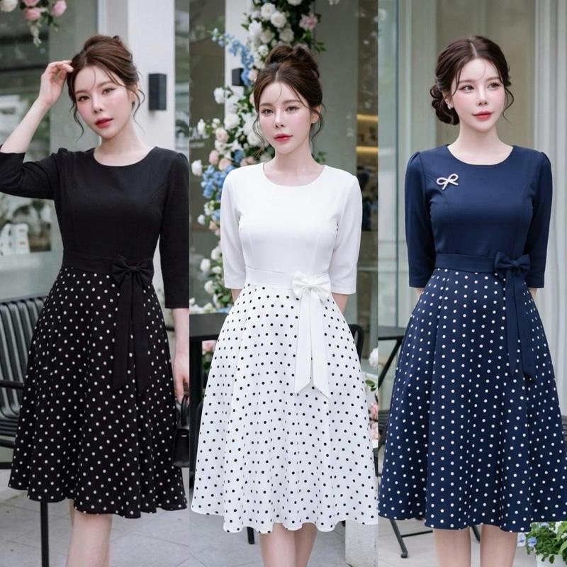 D906 เดรสลายจุุด แขนยาวแต่งโบว์เอว ความยาว 39-40 นิ้ว มีไซส์ S-3XL
