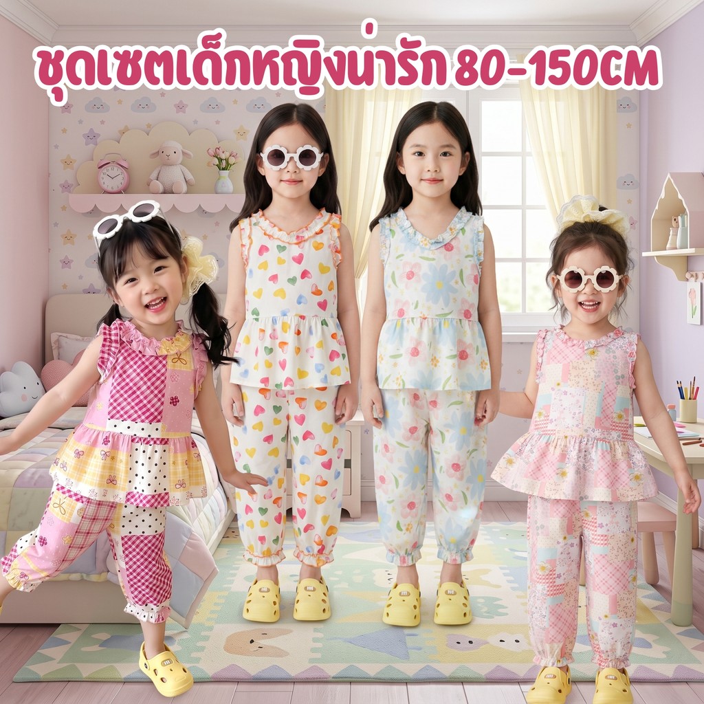 Dolemi Baby ชุดเซตเด็กหญิงน่ารัก แขนกุด กางเกงขายาว ชายระบาย ใส่สบาย ผ้าบาง ผ้านิ่ม ลื่น ระบายอากาศดี สีสดใส