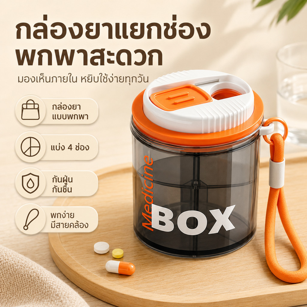 กล่องยาแบ่งช่องพกพาทรงกระบอก กล่องใส่วิตามิน 4 ช่อง มีสายคล้อง กันฝุ่น พกง่าย พร้อมส่งไทย วัสดุปลอดภัย คุ้มค่า ใช้ทุกวัน